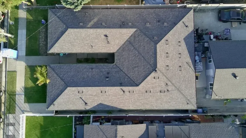 Aerial View New Asphalt Shingles Roof Installation