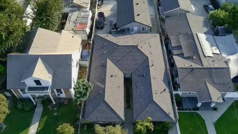 Aerial View New Asphalt Shingles Roof Installation
